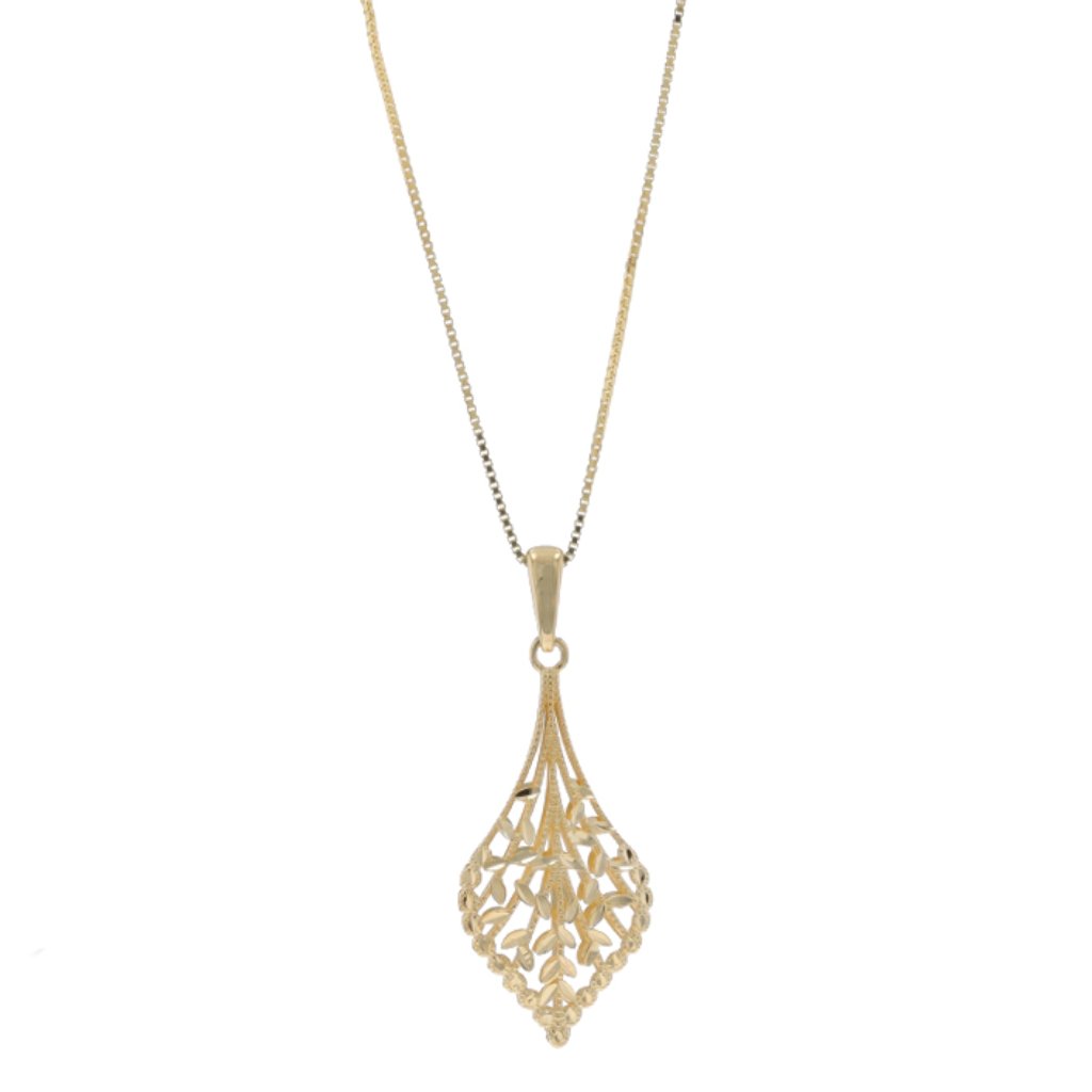 Yellow Gold Botanical Fan Pendant Necklace 18" - 14k Leaf Spray Etched Milgrain